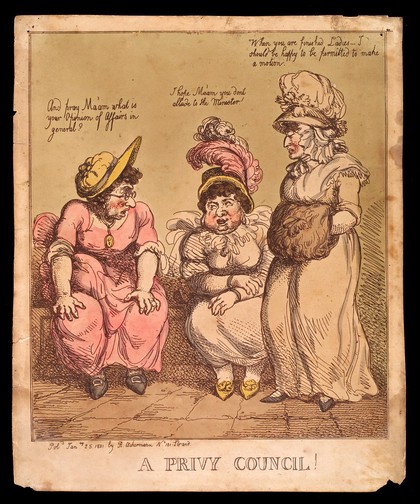 Three women having a discussion in a latrine. Coloured etching, 1801.