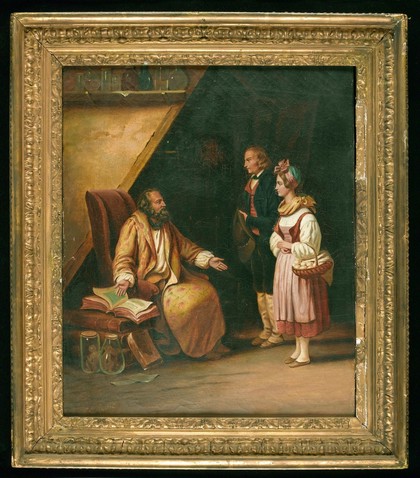 A young couple visit a savant who consults ancient volumes in order to provide counselling to them. Oil painting by Edouard-Henri-Théophile Pingret, 1833 (?).