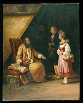 A young couple visit a savant who consults ancient volumes in order to provide counselling to them. Oil painting by Edouard-Henri-Théophile Pingret, 1833 (?).