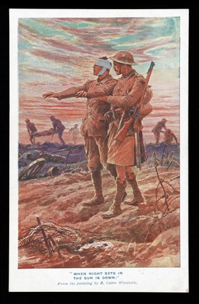 Postcard showing a soldier leading a blind soldier