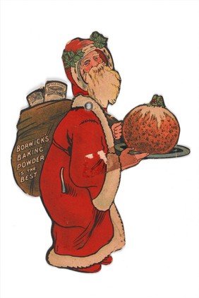 Advert for Borwick's Baking Powder showing Father Christmas carrying a large Christmas pudding on a tray. The head of Father Christmas is movable