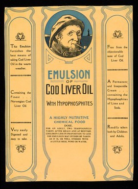 Advert for Emulsion of Cod Liver Oil with Hypophosphites showing a fisher man smoking a pipe