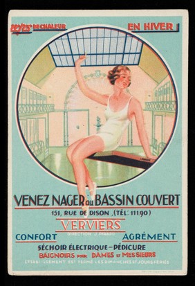 Advert for an indoor swimming pool, Venez Nager au Bassin Couvert, at 151 Rue de Dison, Verviers