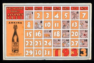 view The Monthly Blotter Calendar for January 1933, showing dates for Exhibitions and England Cup: 3rd and 4th Rounds as well as advertising Arkina Mineral Water