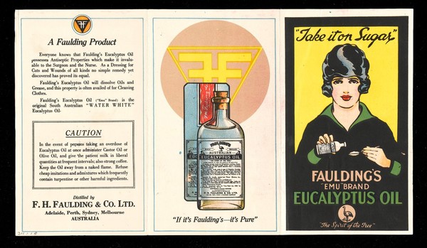 Fold out leaflet for Faulding's "Emu" brand Eucalyptus Oil, used on a dressing for cuts and wounds as an antiseptic, made by F. H. Faulding and Co. Ltd, Australia