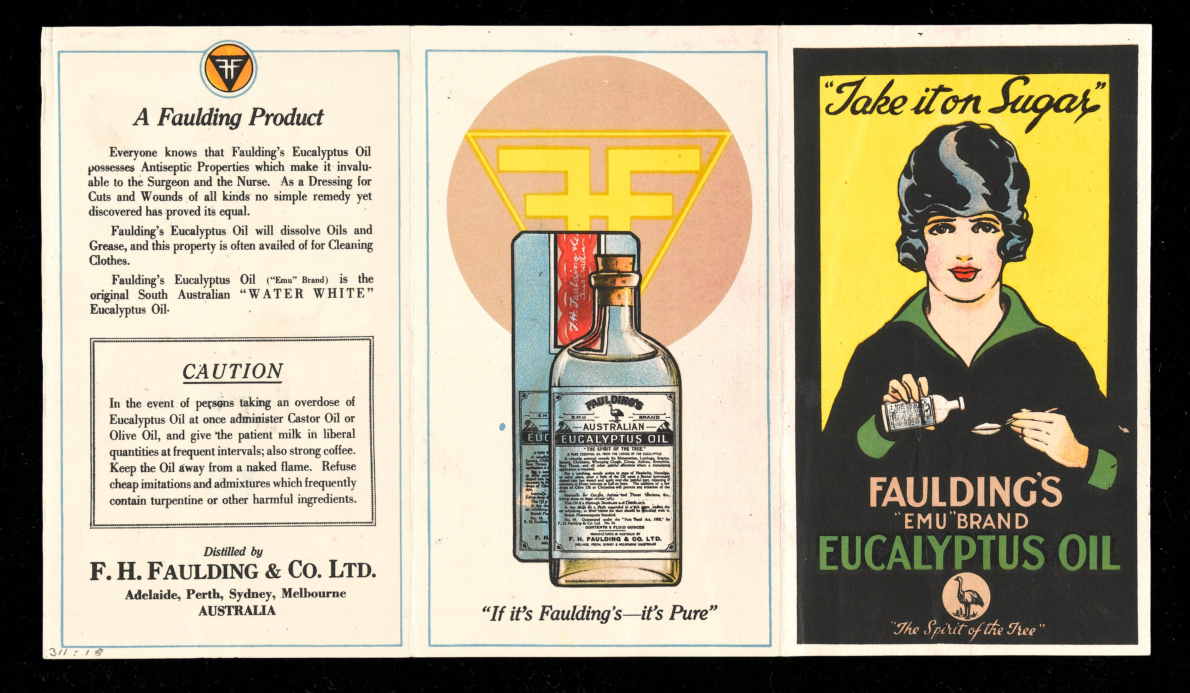 Merchandiser Arv nå Fold out leaflet for Faulding's "Emu" brand Eucalyptus Oil, used on a  dressing for cuts and wounds as an antiseptic, made by F. H. Faulding and Co.  Ltd, Australia | Wellcome Collection