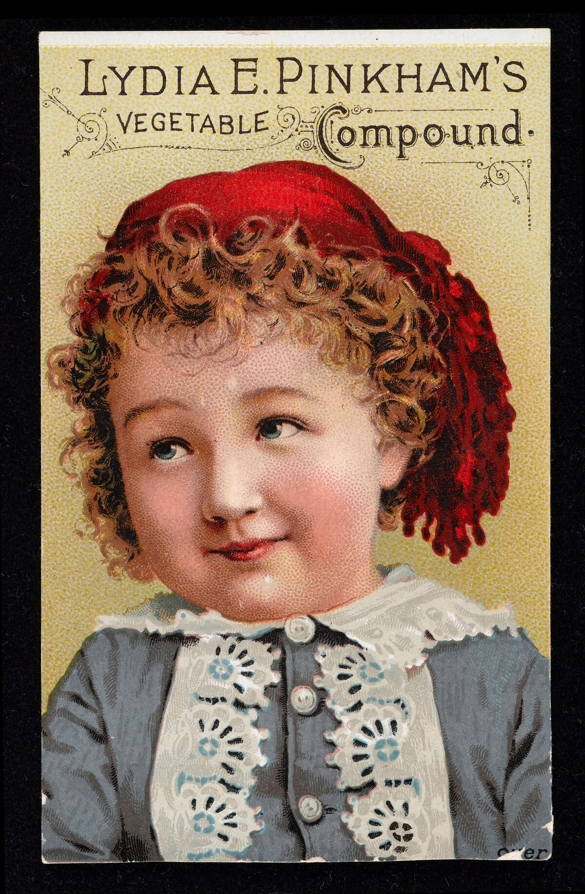 Advert for Lydia E. Pinkham's "Vegetable Compound" to be used for all female complaints, showing a young girl wearing a red hat