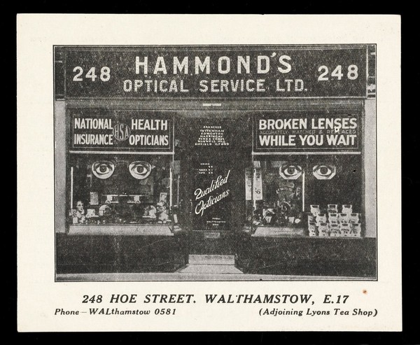 Whist Card advertising Hammond's Optical Service
