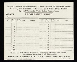 view Whist score card by Hammond's Optical Services