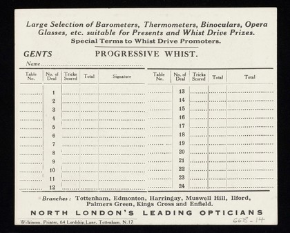 Whist score card by Hammond's Optical Services