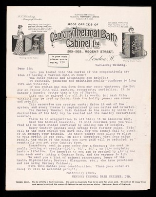Regd.  offices of Century Thermal Bath Cabinet Ltd., 203-205, Regent Street, London, W. / A.R. Pointing, managing director.