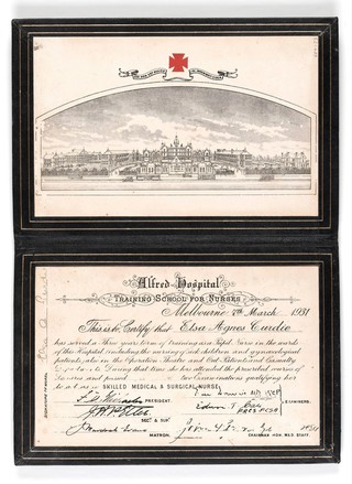 Alfred Hospital Training School for Nurses, Melbourne... : this is to certify that... has served a three years term of training as  a pupil nurse in the wards of this hospital (including the nursing of sick children and gynaecological patients) also in the operation theatre and out-patients and casualty departments... qualifying her to act as a skilled medical & surgical nurse.