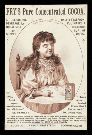view Advert for Fry's Pure Concentrated Cocoa showing a young girl with her eyes closed (the second image shows the young girl with her eyes open and a cup of Cocoa in her hand)