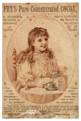 Advert for Fry's Pure Concentrated Cocoa showing a young girl with her eyes open (the second image shows the young girl with her eyes closed)