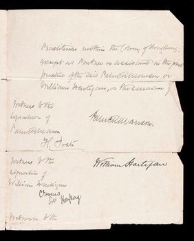 Signed and witness partnership agreement between Dr James Cantlie, Patrick Manson and William Hartigan in Hong Kong on the 7th Febuaury 1887; third page