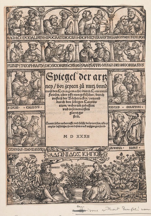 Woodcut depicting ancient herbalists and scholars