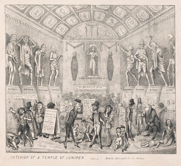 A gin palace as a "temple of Juniper", with other scenes illustrating puns. Lithograph by C.J. Grant, 1834.