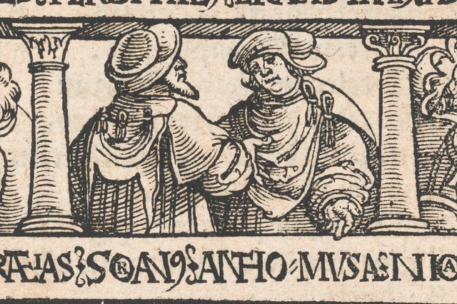 Ancient herbalists and scholars of medicinal lore (Galen, Pliny, Hippocrates etc.); and Venus and Adonis in the gardens of Adonis. Woodcut, 1532.