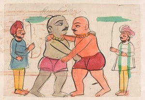 view Page 50: a pair of wrestlers. Watercolour drawing.