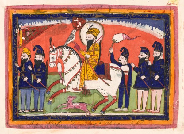 Page 53: Guru Gobind Singh on horseback with his falcon and attendants. Gouache drawing.