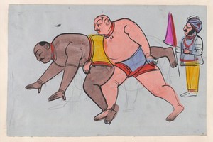 view Page 79: a pair a wrestlers with referee. Watercolour drawing.