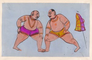 view Page 80: a pair of wrestlers. Watercolour drawing.