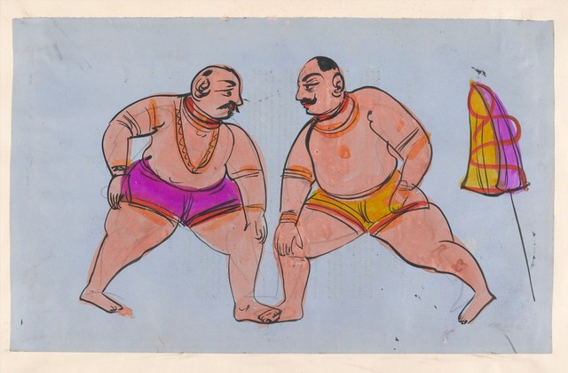 Page 80: a pair of wrestlers. Watercolour drawing.