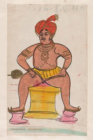 view Page 84: a wrestler, seated. Watercolour drawing.