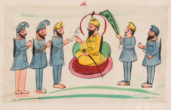 Page 150: a man seated with Sikh worshippers. Watercolour drawing.