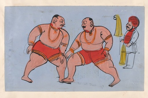 Two Sikh wrestlers with referee.