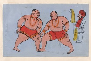 view Page 111: two Sikh wrestlers. Watercolour drawing.