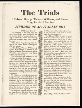 Handbill describing trial of Bishop, Williams and May.