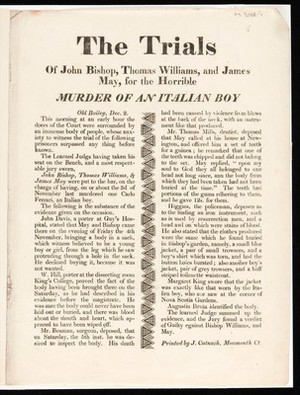 view Handbill describing trial of Bishop, Williams and May.