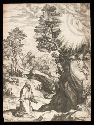Saint Francis of Assisi receiving the stigmata. Engraving by C. Cort, 1575, after G. Muziano.