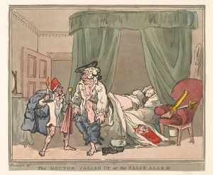 view A physician called out of bed by a hoax night call. Coloured etching after T. Rowlandson, 18--.