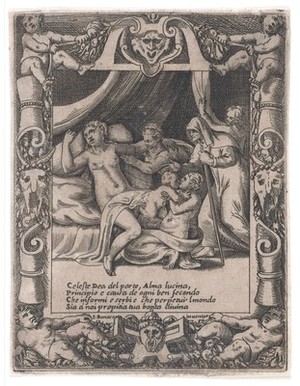 view A woman giving birth, calling out to the Roman goddess Lucina. Engraving by G. Bonasone, 15--.