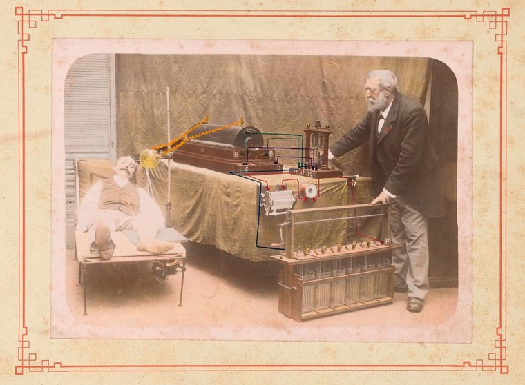 Arthur Radiguet making a radiograph (x-ray) of a recumbent man ca. 1898.