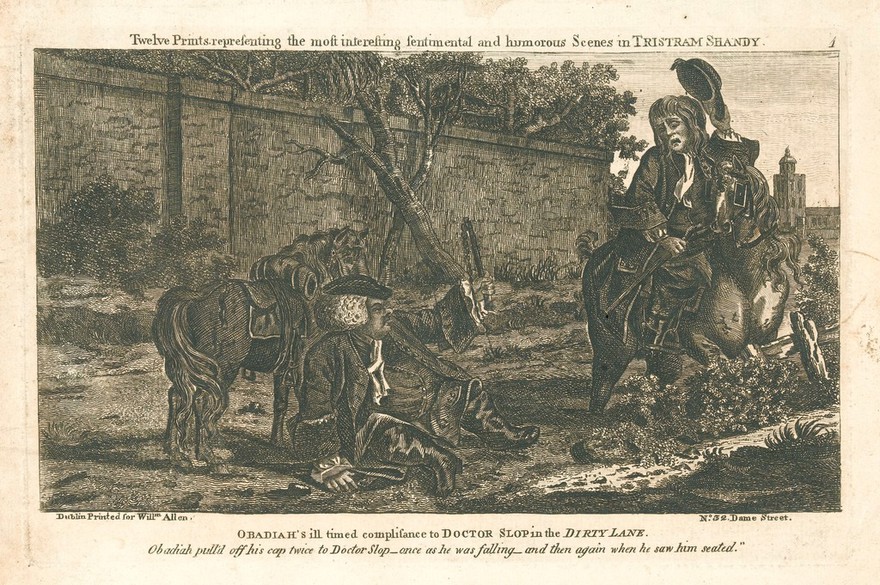 An episode in Tristram Shandy: Doctor Slop, having fallen off his horse, is greeted by Obadiah. Etching after L. Sterne.