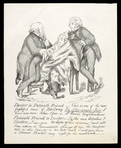 William Gladstone as a physician taking the pulse of a man ill with influenza (flu), and giving his diagnosis to the patient's friend (another politician); representing a case of excessive political interference by railway financiers. Lithograph attributed to Sam. B., ca. 1870.