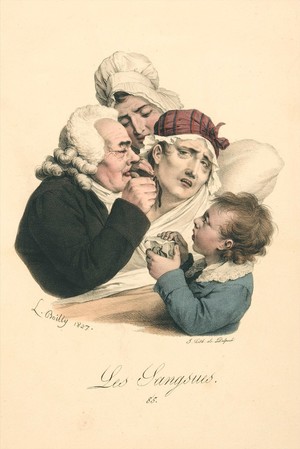 view A medical practitioner administers leeches to a patient. Colour lithograph after L. Boilly, 1827.