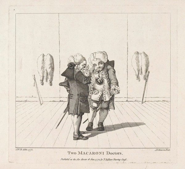 Two physicians in "macaroni" fashions. Etching by J. Johnson after J.W.B. (Bretherton?), 1772.
