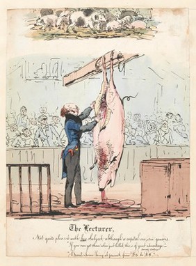 Robert Knox lecturing on the anatomy of the pig. Coloured lithograph.