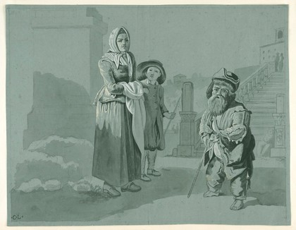 Rome, the Spanish Steps: a woman and a boy looking at a male dwarf standing at the foot of the steps. Wash drawing by C.L., 180-.