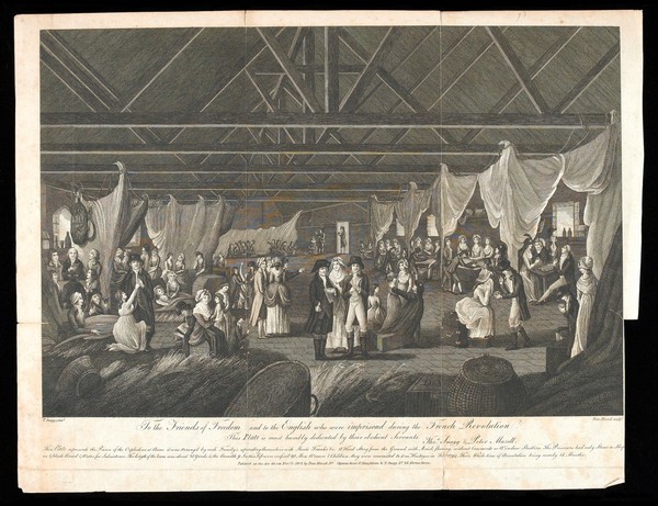 English families taken as hostages in the French Revolution, imprisoned in the orphanage of Arras. Engraving by P. Maxell, 1802, after T. Snagg.