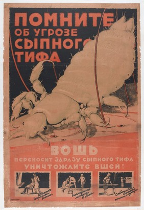The typhus louse, against which Russian citizens are urged to protect themselves by washing themselves and their clothes vigorously. Colour lithograph by Kaznacheev, 192-.
