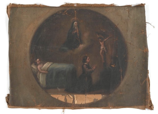 Votive picture: a woman praying to Christ crucified for the health of a sick child in bed; the Virgin above. Oil painting.