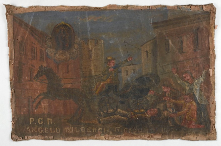 Angelo Loerch, being run over by a horse and carriage, makes a vow to the Madonna del Parto. Oil painting, 1883.
