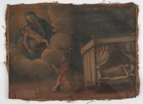 A person praying to the Virgin for the recovery of a child who is lying sick in bed. Oil painting, 17--.