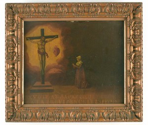view Votive picture: a woman praying to the Sacred Heart of Jesus. Oil painting.