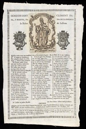 view Saint Clement of Rome as patron saint of L'Espunyola, Catalonia. Engraving by Ferriols, woodcuts and letterpress, 17--.